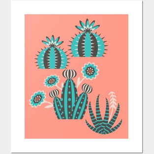 DESERT GARDEN CACTUS SUCCULENTS Retro Mid-Century Graphic Turquoise Black White - UnBlink Studio by Jackie Tahara Posters and Art